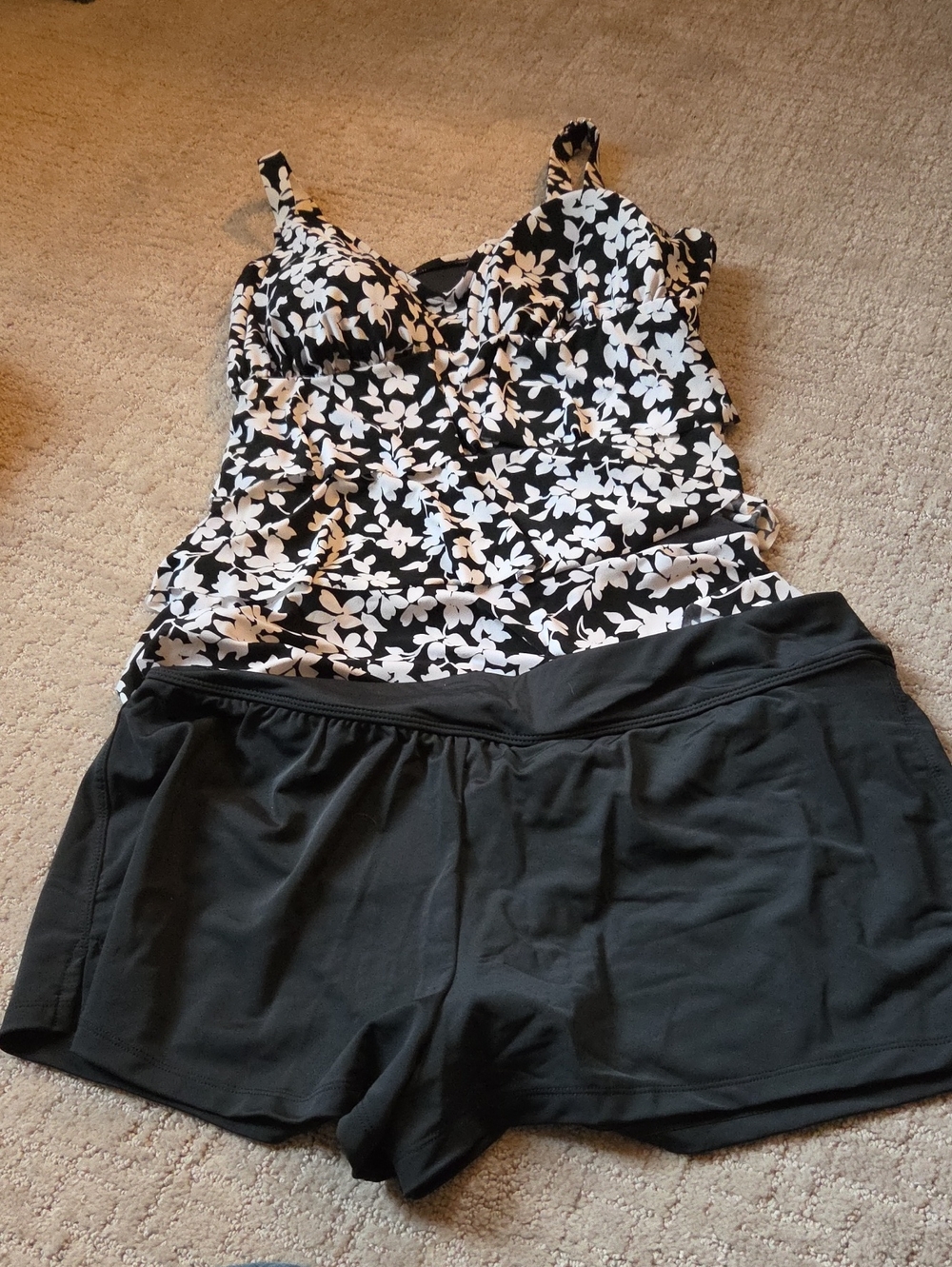 Black & White Floral Tankini with Black Swim Shorts